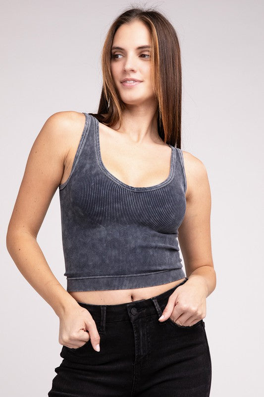 2 Way Neckline Washed Ribbed Cropped Tank Top