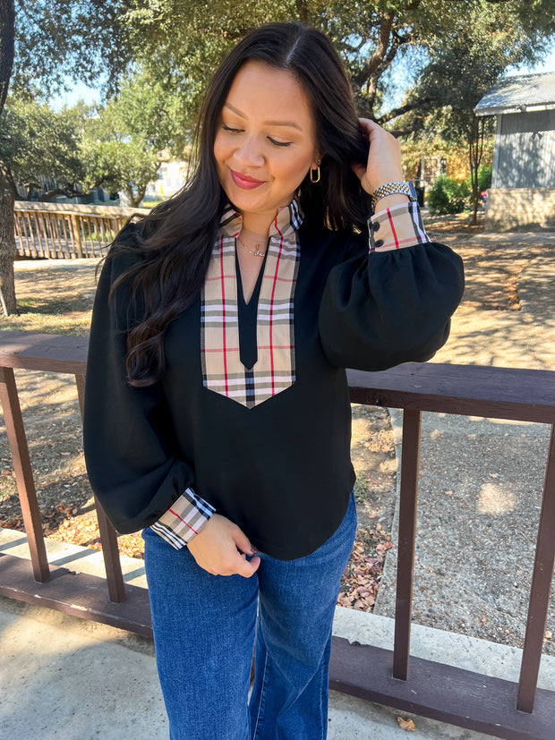 Clueless Chic Plaid Accented Top - Black