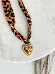 Scarf Necklace with Heart Charm - Leopard