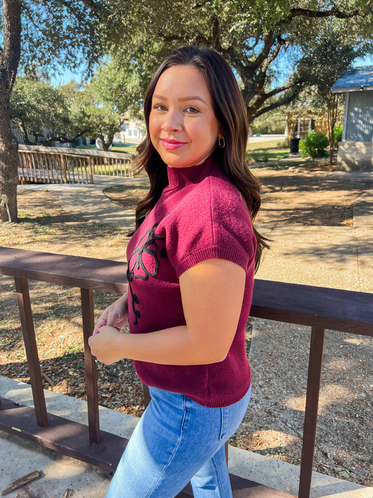 Burgundy Floral Trimmed Sweater Knit Top