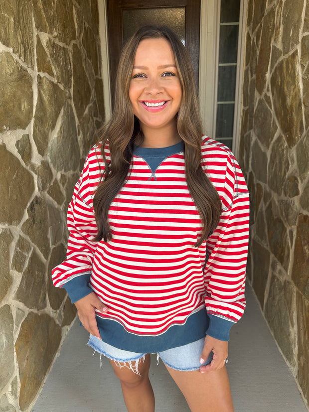 Easy Going Striped Pullover Top - Red