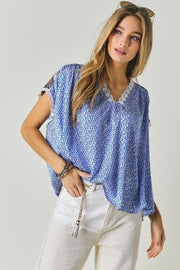 Printed Lace V-Neck Short Sleeve Loose Top