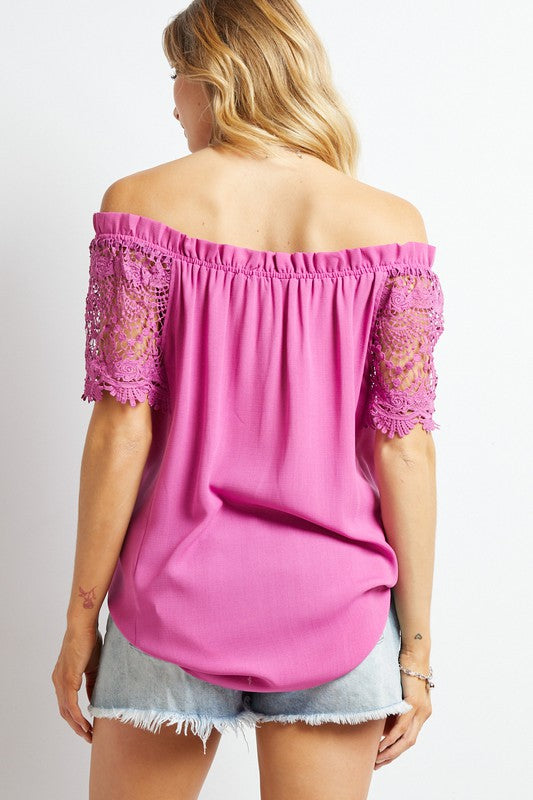 Crochet Lace Sleeveless Accent Off Shoulder Top