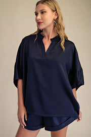 Stepping Out Dropped Shoulder Top - Navy