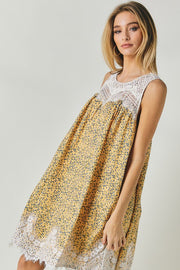 Printed Sleeveless Lace Trim Mini Dress
