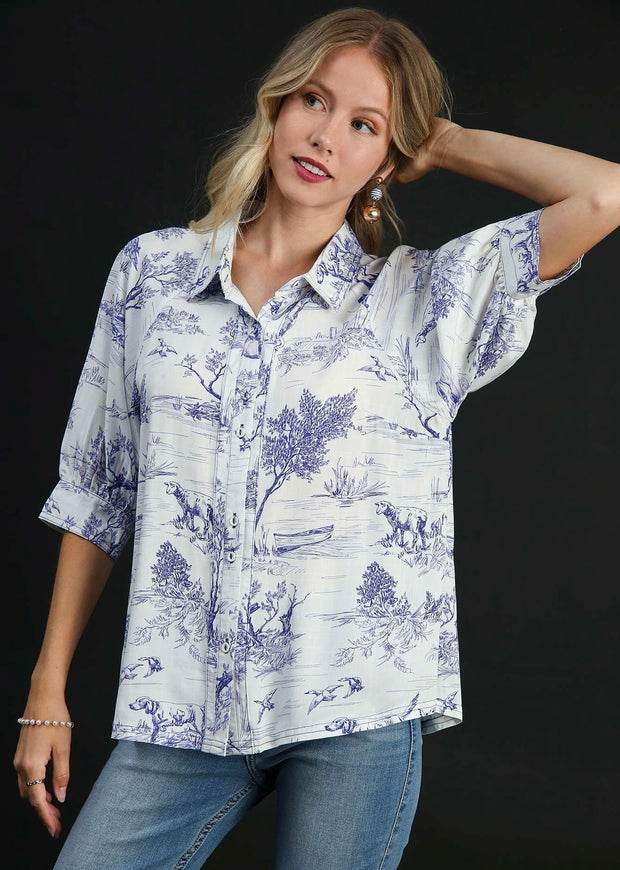 Loving in Landscapes Blue Toile Printed Top