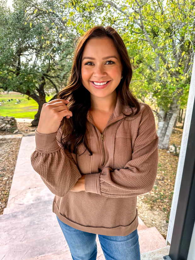 Wonderland Waffle Knit Pullover Top - Mocha