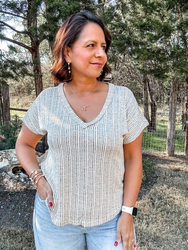 Textured V-Neck Top - Oatmeal