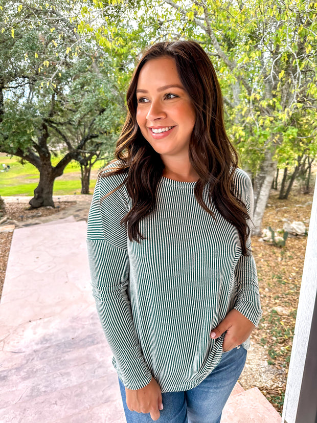Long Sleeve Ribbed Top - Dark Green