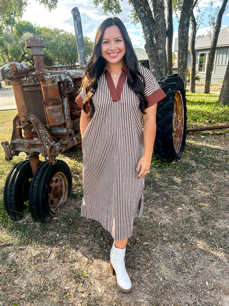Chateau Charm Striped Dress - Brown