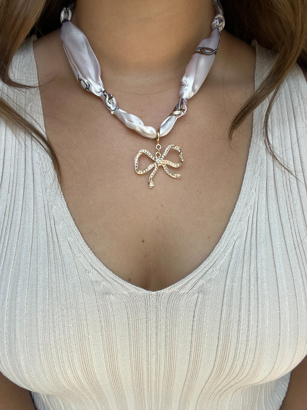 Scarf Necklace with Bow Charm - Cream