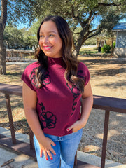 Burgundy Floral Trimmed Sweater Knit Top