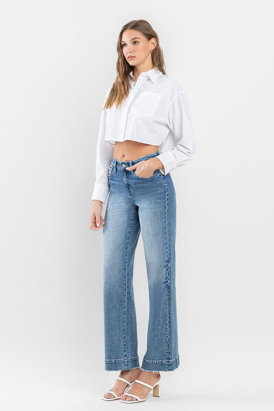 High Rise Wide Leg Jeans with Trouser Hem Detail