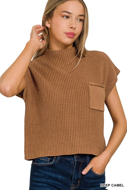 Mock Neck Short Sleeve Cropped Sweater