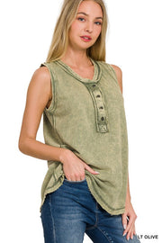 Washed Half-Button Raw Edge Sleeveless Henley Top