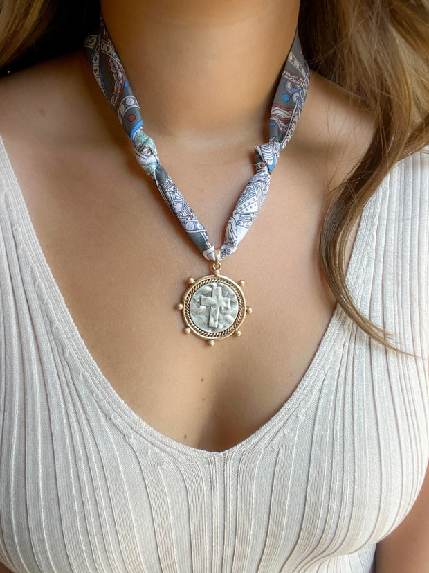 Scarf Necklace with Cross Coin Charm - Grey