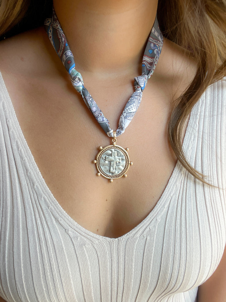 Scarf Necklace with Cross Coin Charm - Grey