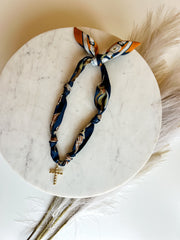 Scarf Necklace with Cross Charm - Navy/Brown