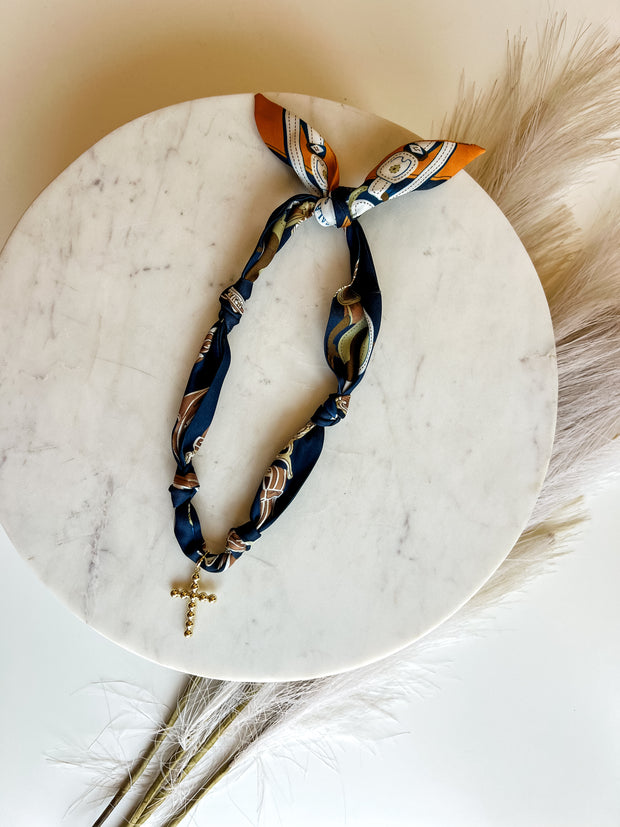 Scarf Necklace with Cross Charm - Navy/Brown