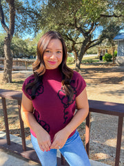 Burgundy Floral Trimmed Sweater Knit Top