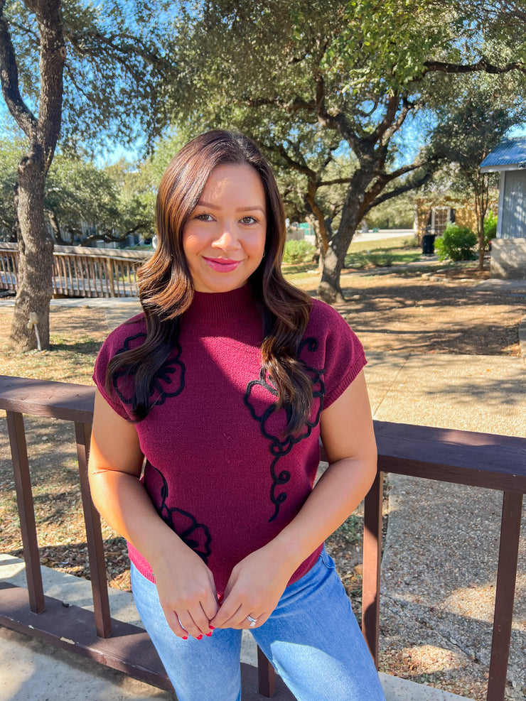 Burgundy Floral Trimmed Sweater Knit Top
