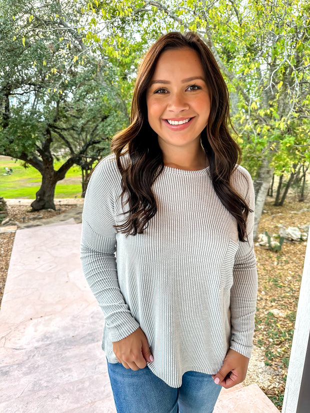 Long Sleeve Ribbed Top - Light Grey