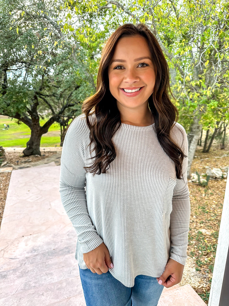 Long Sleeve Ribbed Top - Light Grey
