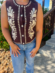 Embroidered Sleeveless Knitted Vest - Brown