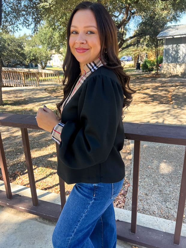 Clueless Chic Plaid Accented Top - Black