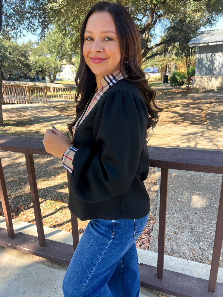 Clueless Chic Plaid Accented Top - Black