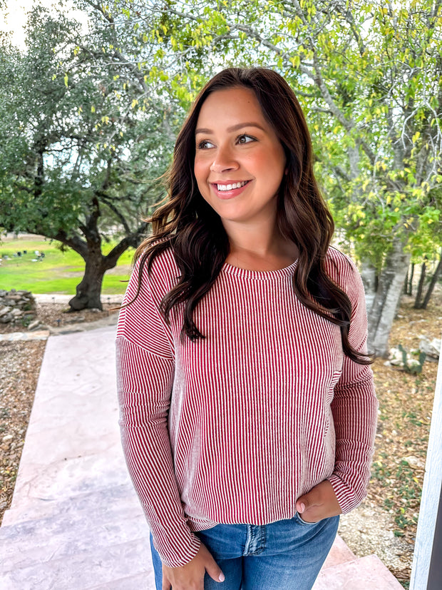 Long Sleeve Ribbed Top - Red