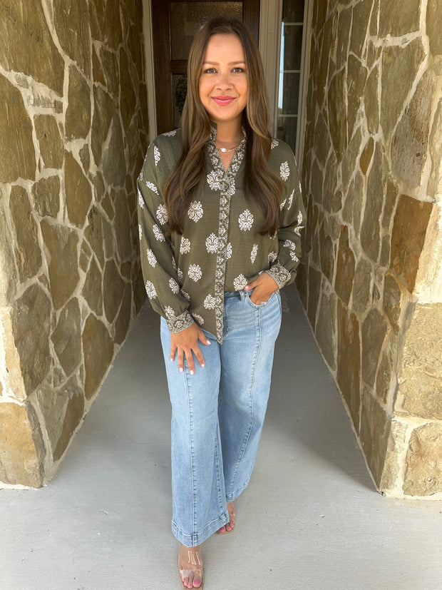 Daydream Damask Top - Olive