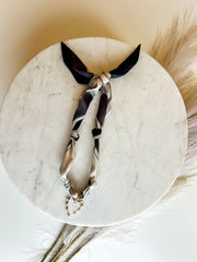 Scarf Necklace with White Pearl Heart Charm - Grey/White