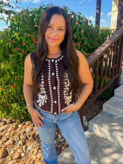 Embroidered Sleeveless Knitted Vest - Brown