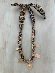 Scarf Necklace Gold Charms - Leopard