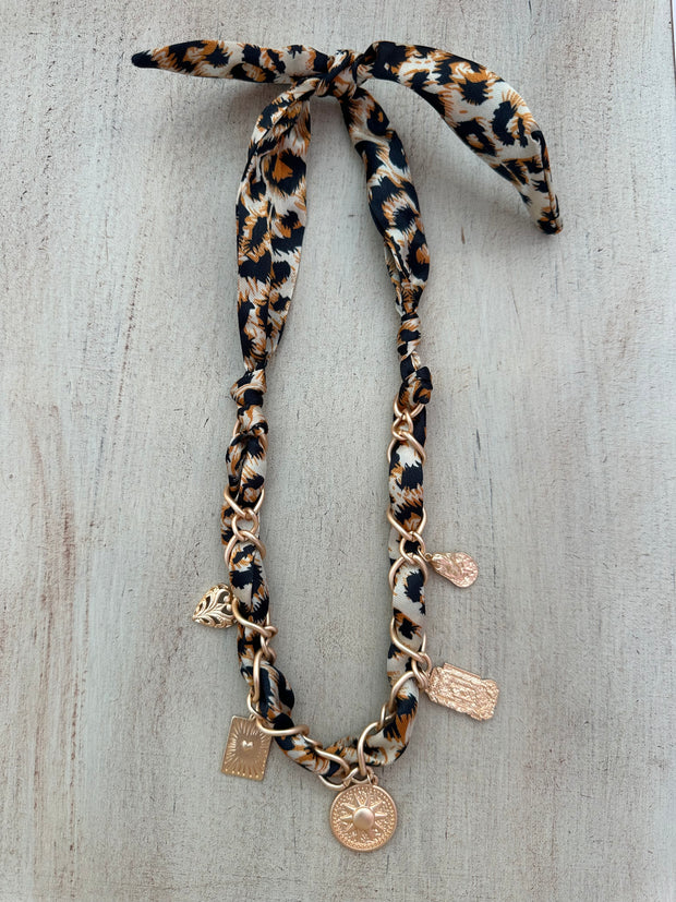 Scarf Necklace Gold Charms - Leopard