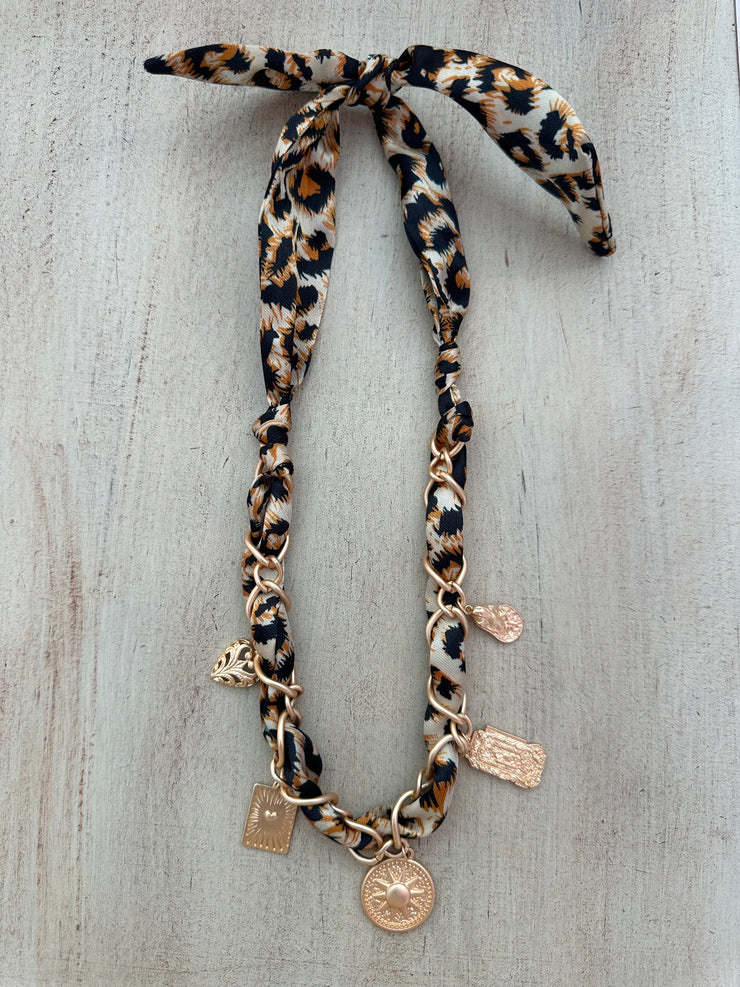Scarf Necklace Gold Charms - Leopard