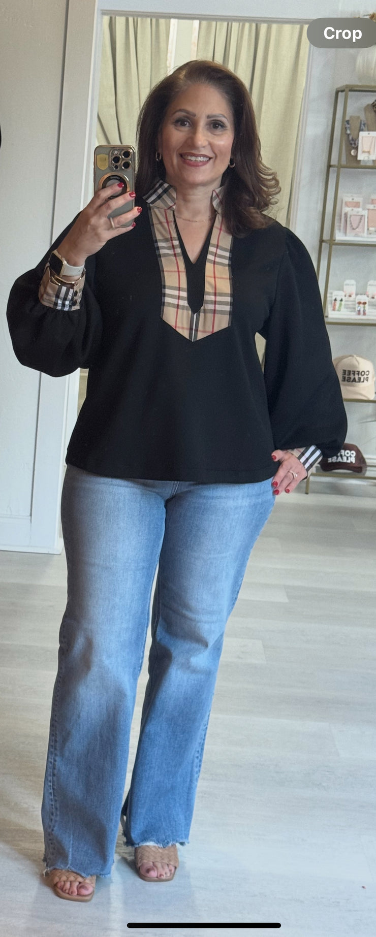 Clueless Chic Plaid Accented Top - Black
