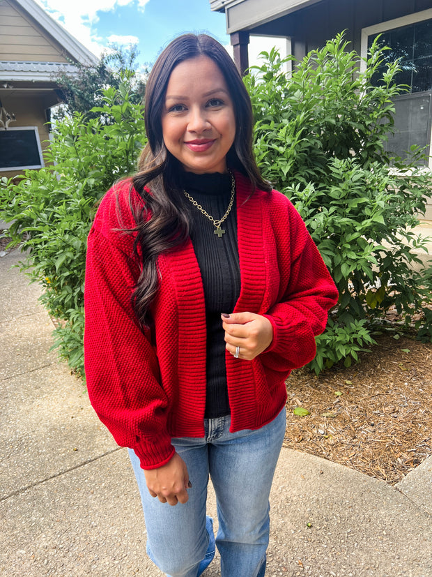 Textured Knit Cardigan - Red