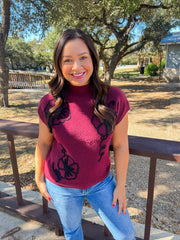Burgundy Floral Trimmed Sweater Knit Top