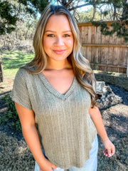 Textured V-Neck Top - Olive