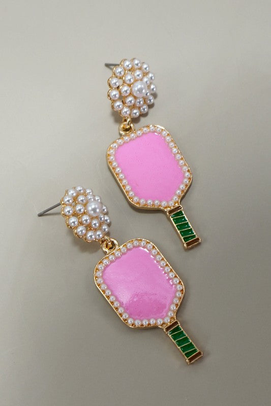 Pickleball Pearl Earrings - Pink