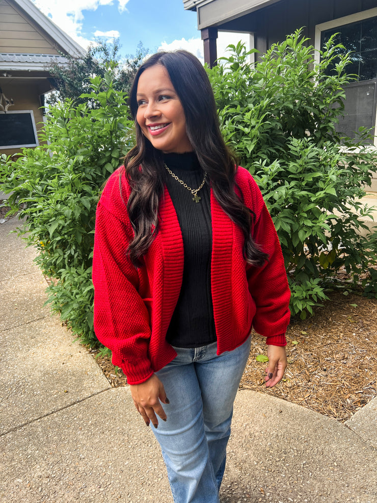 Textured Knit Cardigan - Red