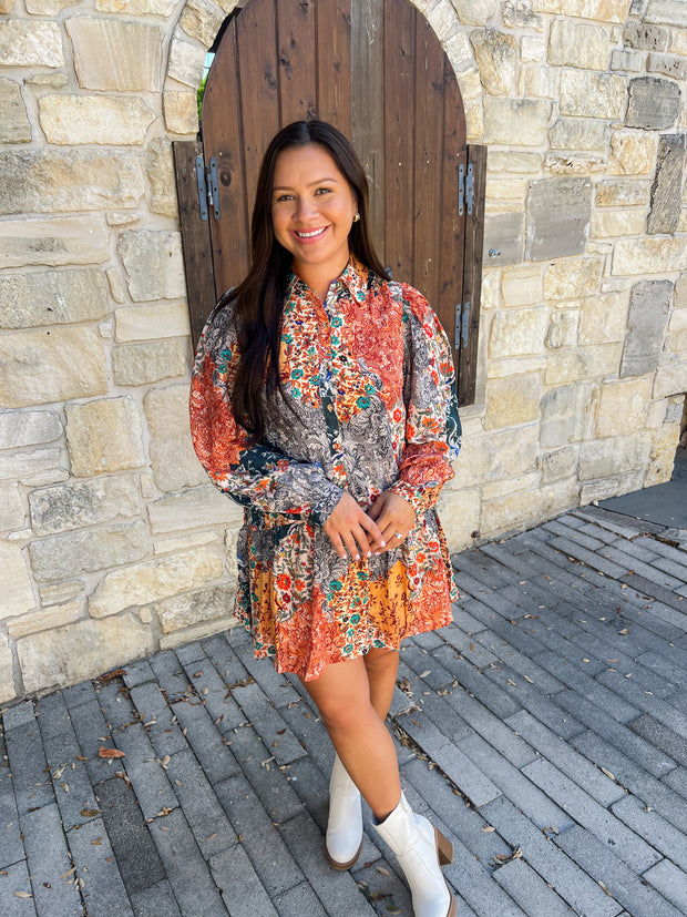 Navy Patchwork Printed Mini Dress
