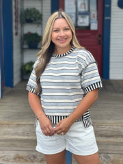 Contrasting Stripe Pullover Top - Black