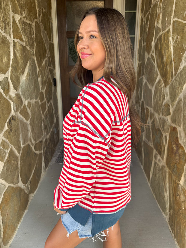 Easy Going Striped Pullover Top - Red