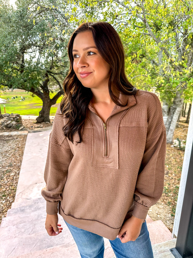 Wonderland Waffle Knit Pullover Top - Mocha