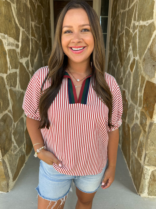 Lauren Striped Top - Brick