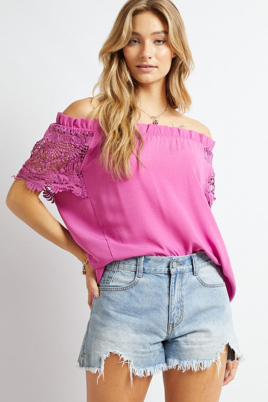 Crochet Lace Sleeveless Accent Off Shoulder Top