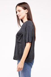 Washed Ribbed Cuffed Short Sleeve Round Neck Top